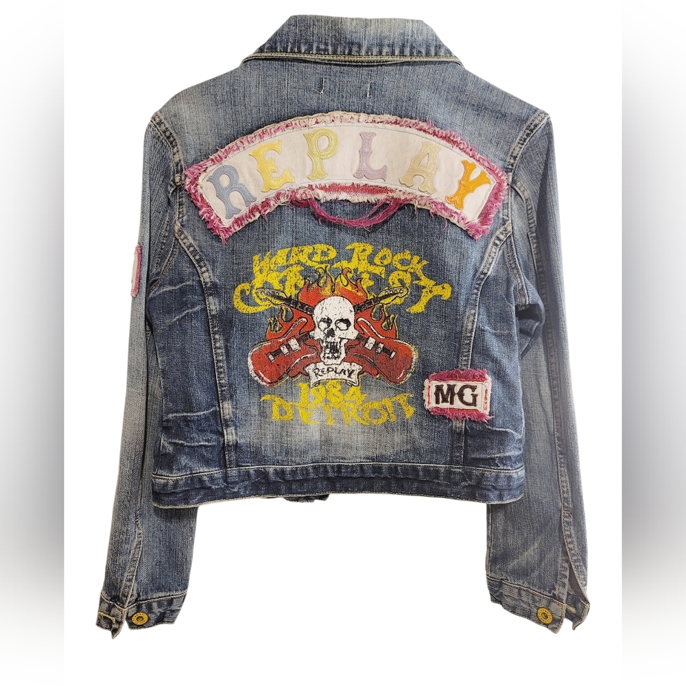 REPLAY Vintage Hard Rock Skull Patchwork Distressed Denim Jacket Made in Italy